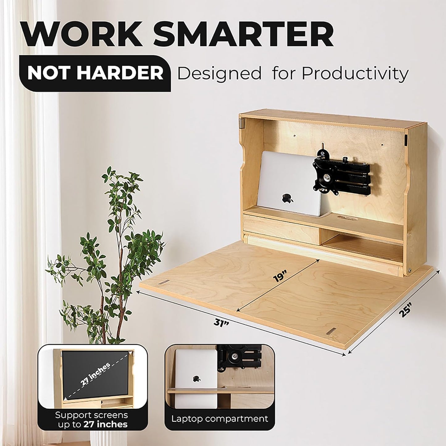 Wall Mounted Working Desk Folding 31 Inches, Space Saving Floating Desk for Small Spaces, Computer Table with Storage Shelf, Foldable Study Desk for Bedroom, Apartment, Home Office