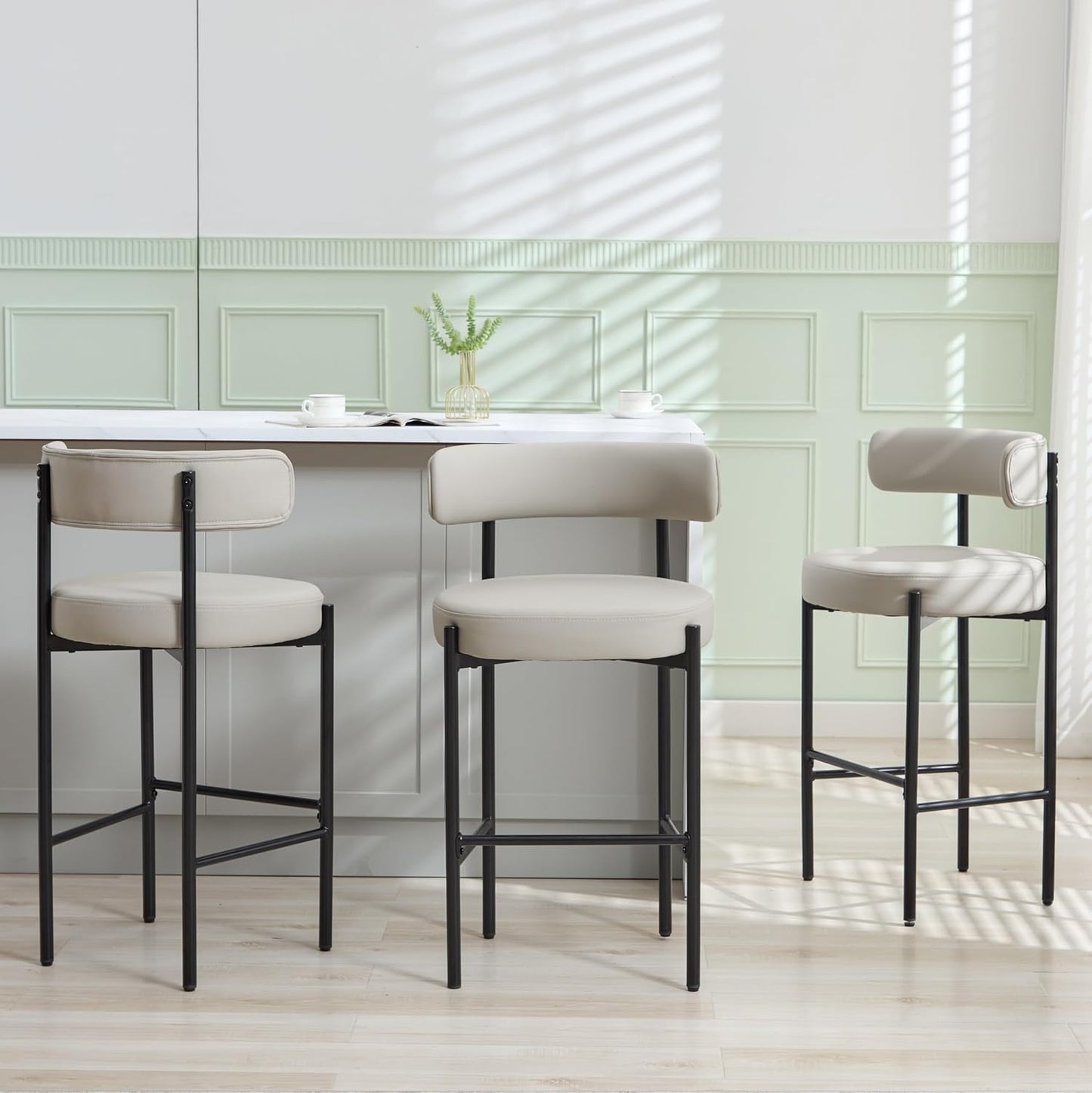 Counter Height Bar Stools Set of 3, 24'' Faux Leather Bar Stools with Back, Mid-Century Modern Bar Chairs for Kitchen Island, Dining Room, Vegan Leather, Grey