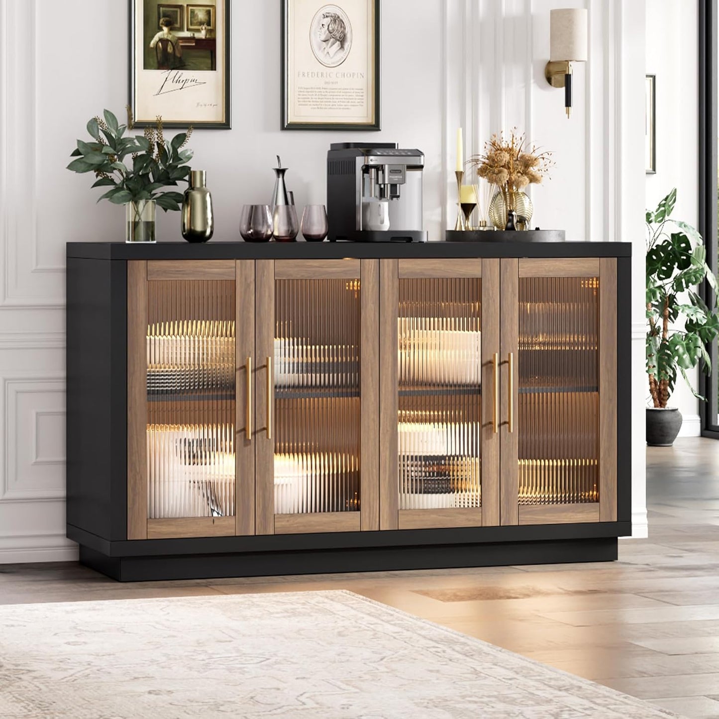 FOTOSOK Buffet Cabinet with Storage, 55.1" Large Sideboard Buffet Table, Modern Sideboard Kitchen Cabinet with 4 Fluted Glass Doors, Wood Coffee Ba for Kitchen Dining Room, Black/Brown