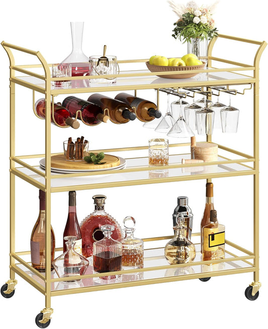 VASAGLE Bar Cart Gold, Large Home Bar Serving Cart with 3-Tier Mirrored Shelf, Wine Holders, Glass Holders, Kitchen, 15 x 33.9 x 35.4 Inches, Gold ULRC083A02