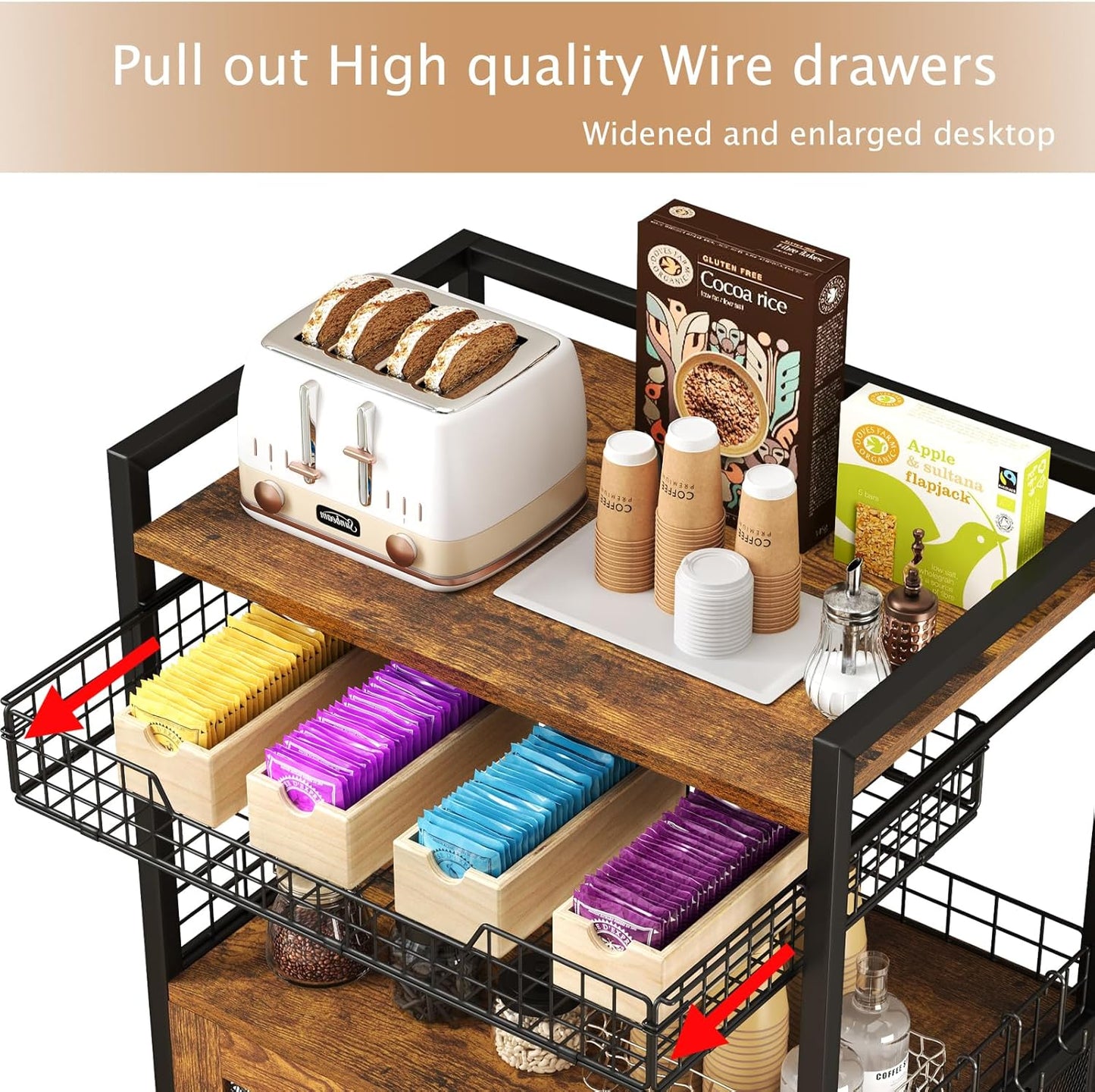 Coffee Bar Cabinet, 3 Tier Coffee Station Table on Wheels, 35.9" H Bar Cart with Wire Basket Drawer & 5 Hooks for Home Kitchen, Liquor Buffet Sideboard Cabinet (Rustic Brown)