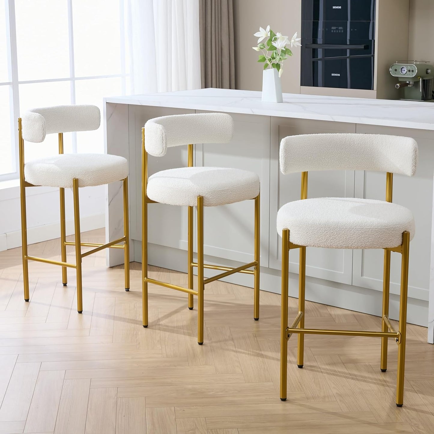 Counter Height Bar Stools Set of 3, 24'' Faux Leather Bar Stools with Back, Mid-Century Modern Bar Chairs for Kitchen Island, Dining Room, Vegan Leather, Grey