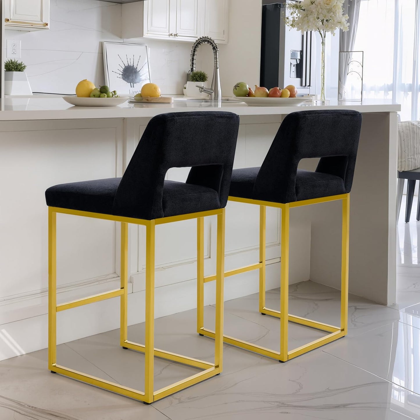 Counter Height Bar Stools Set of 4 for Kitchen Counter Modern Bar Chairs with Backs 26 Inch for Kitchen Island with Upholstered Faux Leather Seat and Metal Frame, Beige