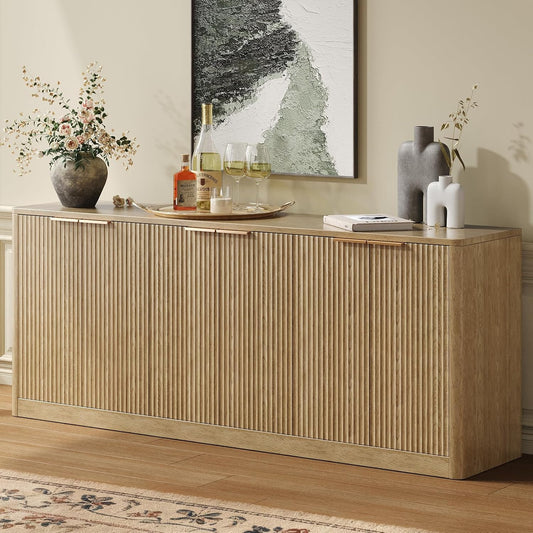 Evermagin 67" Fluted Oak Buffet Cabinet Sideboard with Storage, Large Credenza with 6 Doors, Wood Mid Century Modern Sideboard for Kitchen and Living Room (67"*31.5"*15.7")