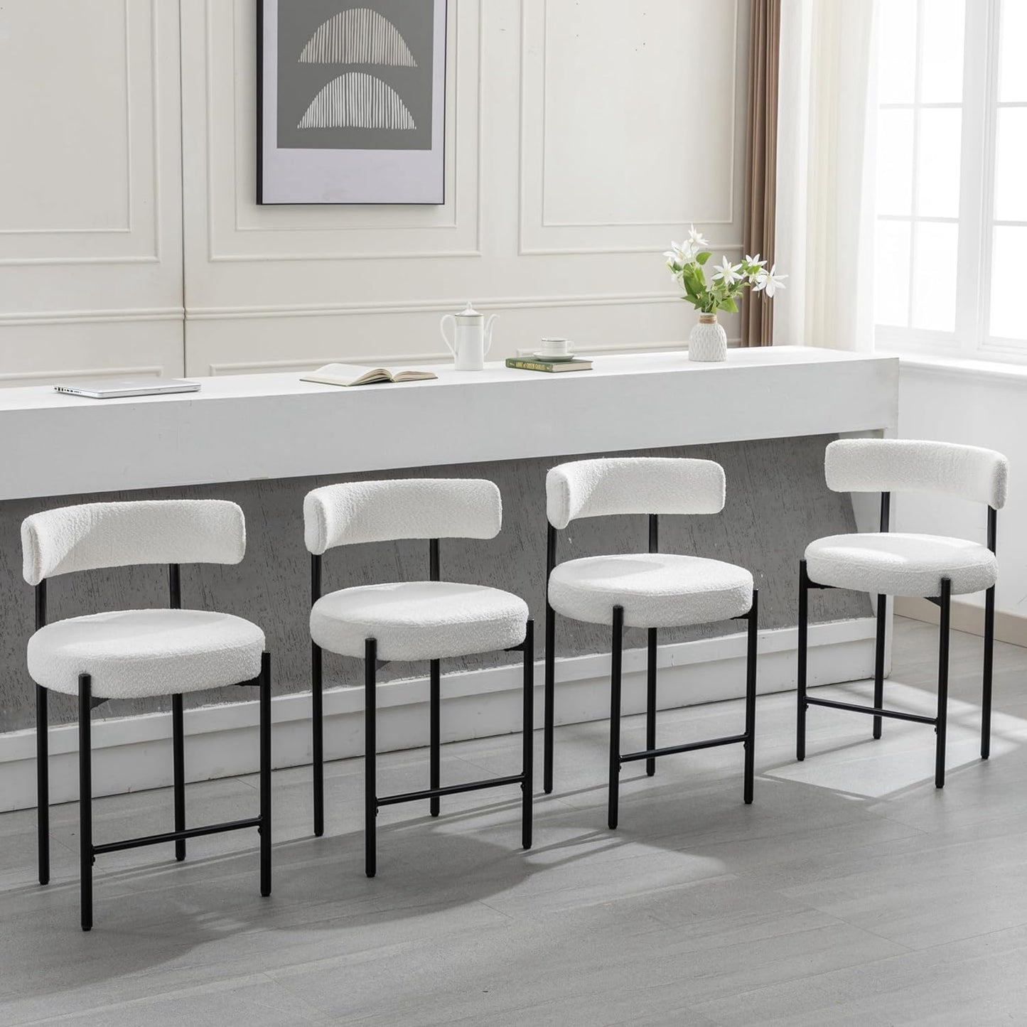 Counter Height Bar Stools Set of 3, 24'' Faux Leather Bar Stools with Back, Mid-Century Modern Bar Chairs for Kitchen Island, Dining Room, Vegan Leather, Grey