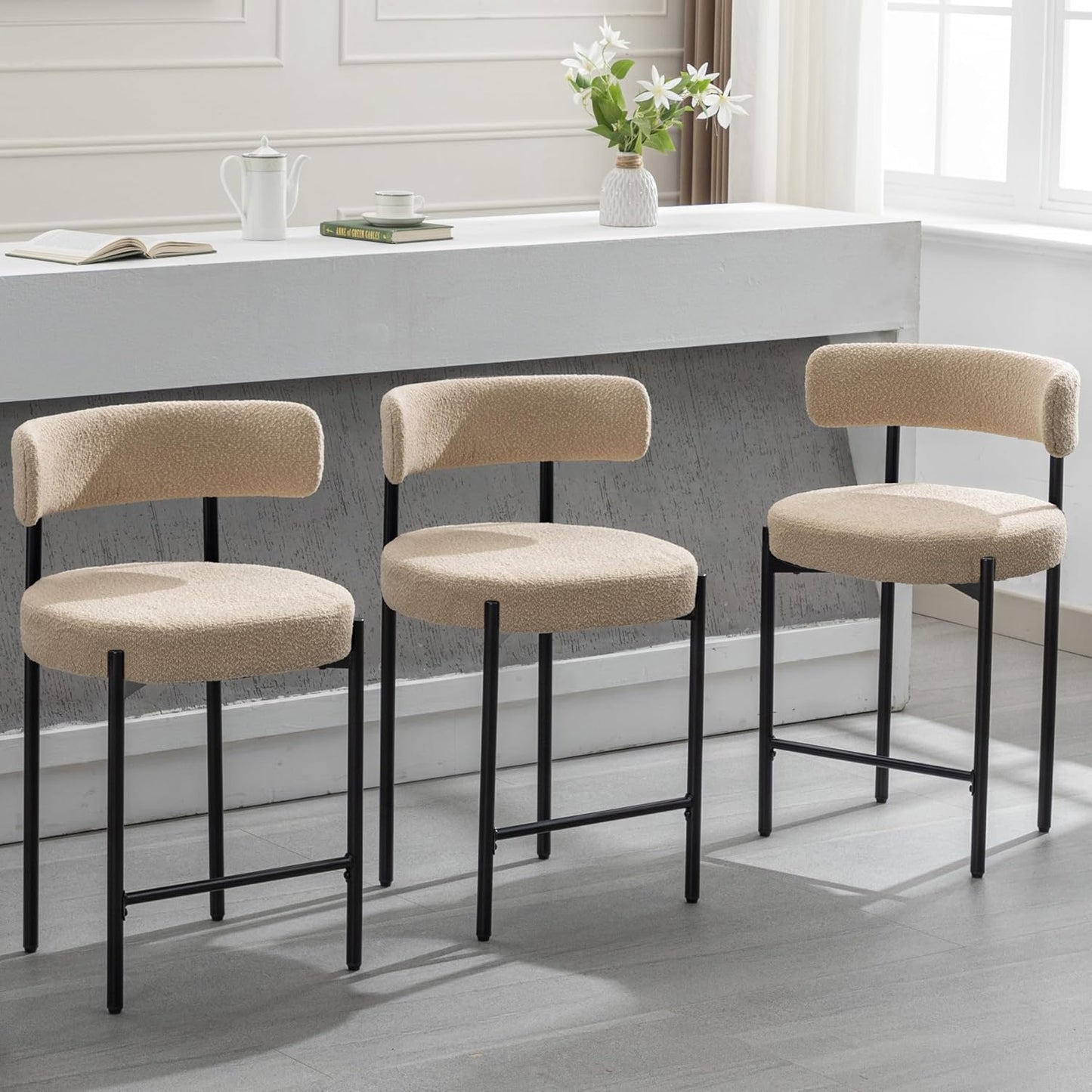Counter Height Bar Stools Set of 3, 24'' Faux Leather Bar Stools with Back, Mid-Century Modern Bar Chairs for Kitchen Island, Dining Room, Vegan Leather, Grey