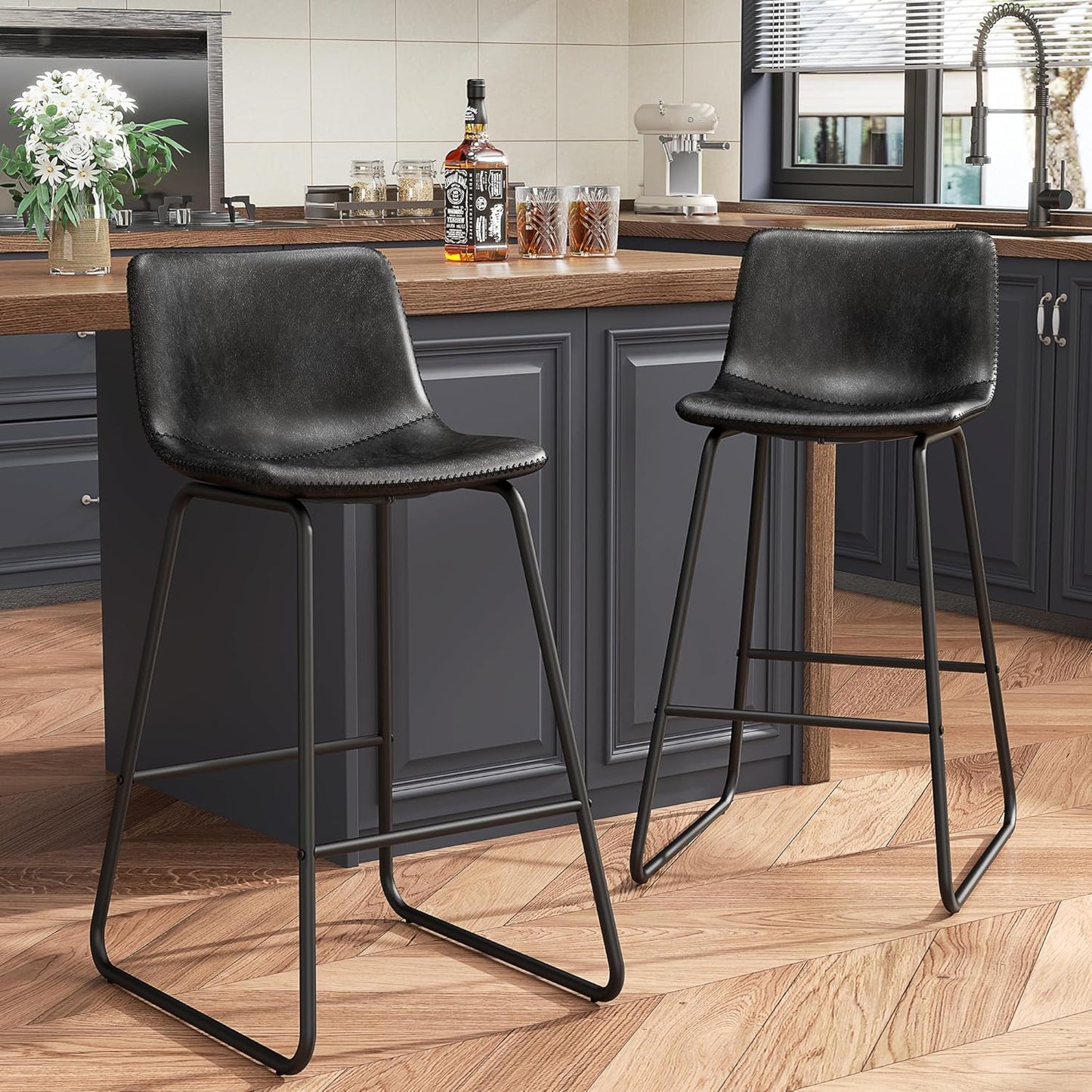 Bar Stools Set of 4, PU Leather Counter Height Bar Stools, 26" Modern Barstools with Metal Legs and Footrest, Urban Armless Dining Chairs with Backrest for Kitchen Island (Brown)