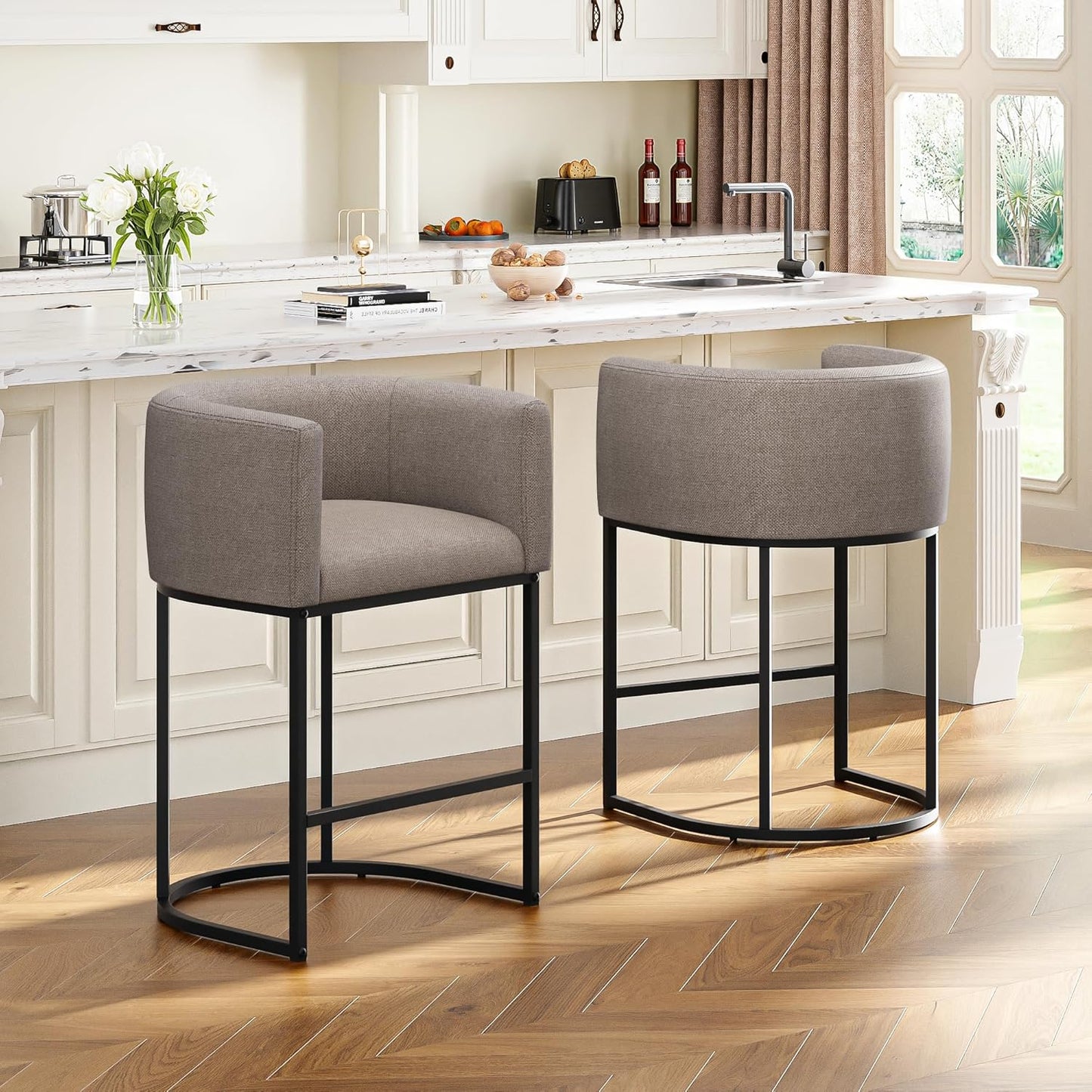 26" H Counter Height Bar Stools Set of 3, Modern Barrel Counter Stools with Backrest and Arms, Faux Leather Upholstered Accent Barstools for Kitchen Island,Support 450 LBS（Walnut Brown）