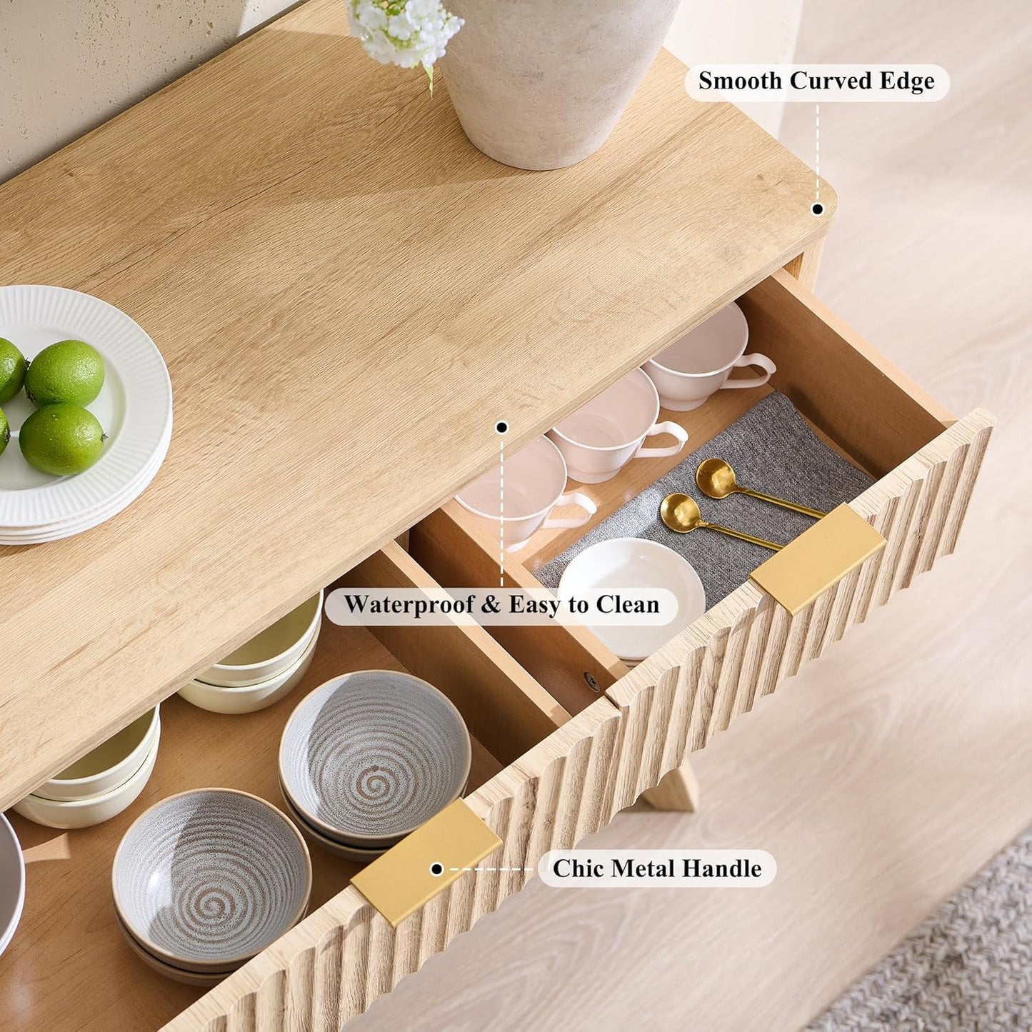 T4TREAM Large Buffet Sideboard Cabinet with Storages, 60" Fluted Modern Buffet Table Coffee Bar Wine Bar Storage Cabinet with 3 Drawers & 4 Doors for Dining Room, Living Room, Hallway(Natural Oak)