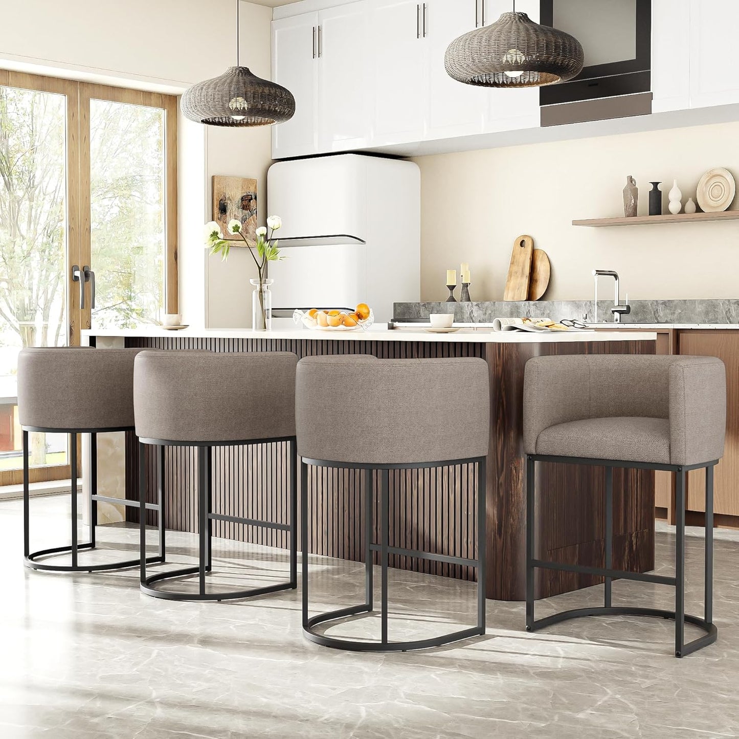 26" H Counter Height Bar Stools Set of 3, Modern Barrel Counter Stools with Backrest and Arms, Faux Leather Upholstered Accent Barstools for Kitchen Island,Support 450 LBS（Walnut Brown）