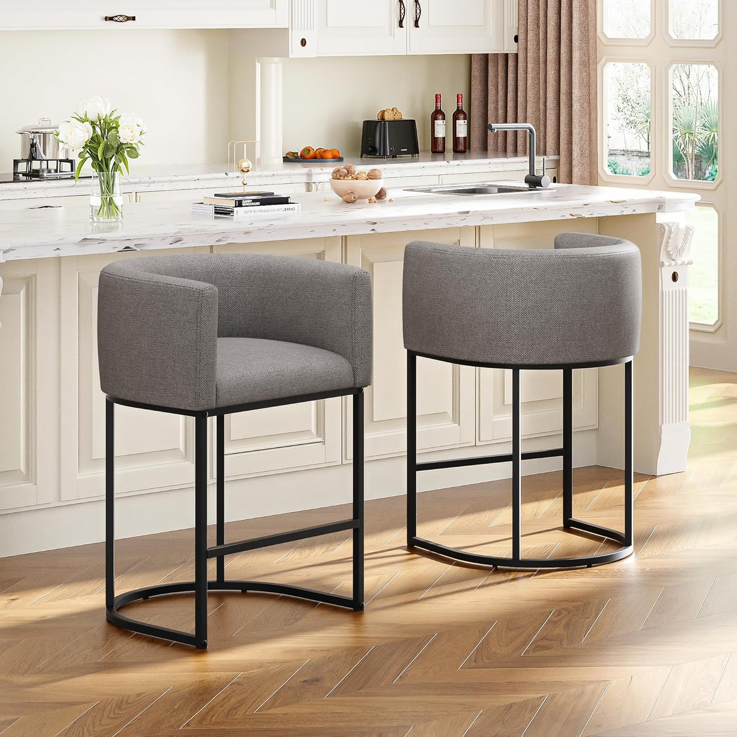 26" H Counter Height Bar Stools Set of 3, Modern Barrel Counter Stools with Backrest and Arms, Faux Leather Upholstered Accent Barstools for Kitchen Island,Support 450 LBS（Walnut Brown）