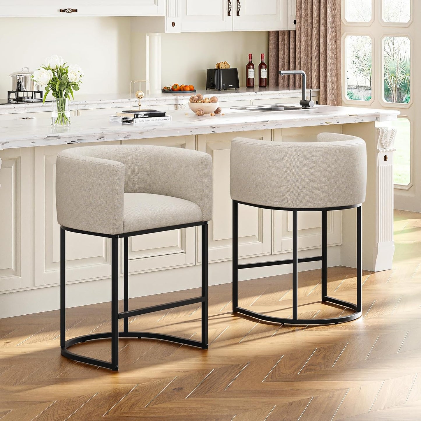 26" H Counter Height Bar Stools Set of 3, Modern Barrel Counter Stools with Backrest and Arms, Faux Leather Upholstered Accent Barstools for Kitchen Island,Support 450 LBS（Walnut Brown）