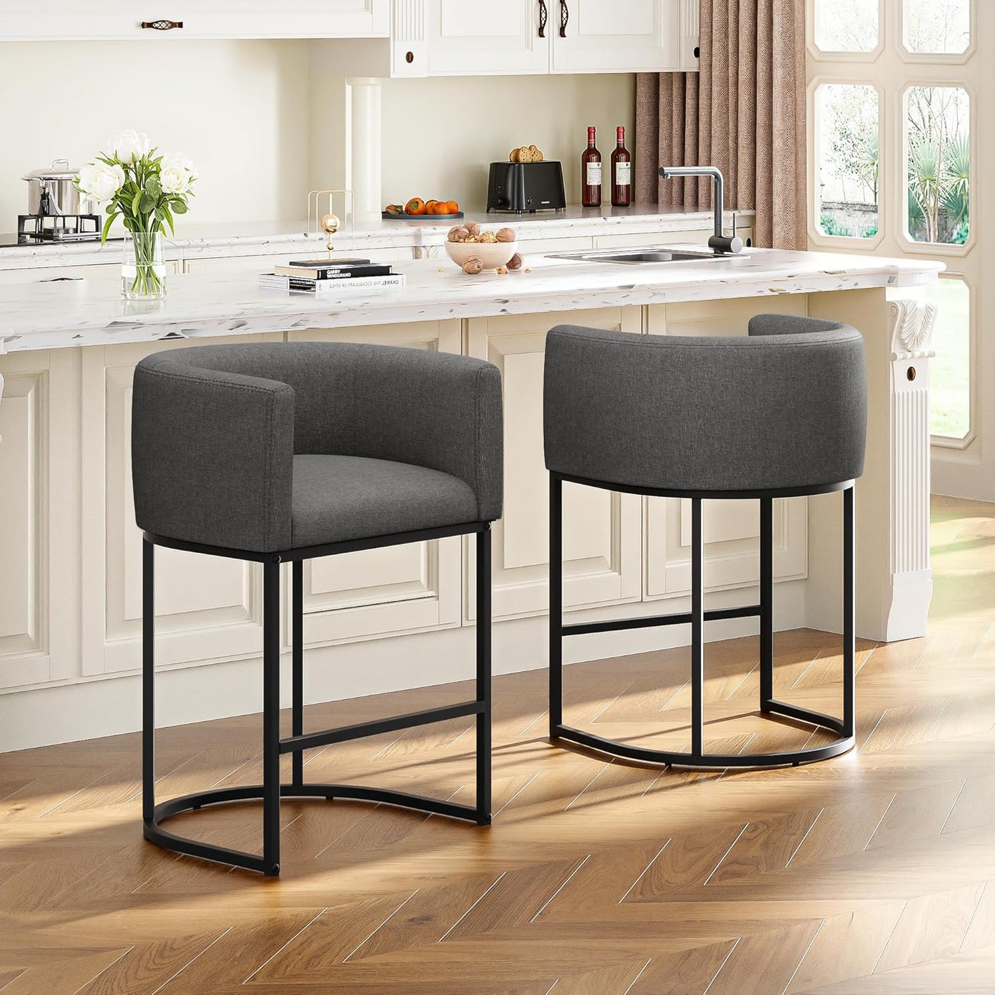 26" H Counter Height Bar Stools Set of 3, Modern Barrel Counter Stools with Backrest and Arms, Faux Leather Upholstered Accent Barstools for Kitchen Island,Support 450 LBS（Walnut Brown）
