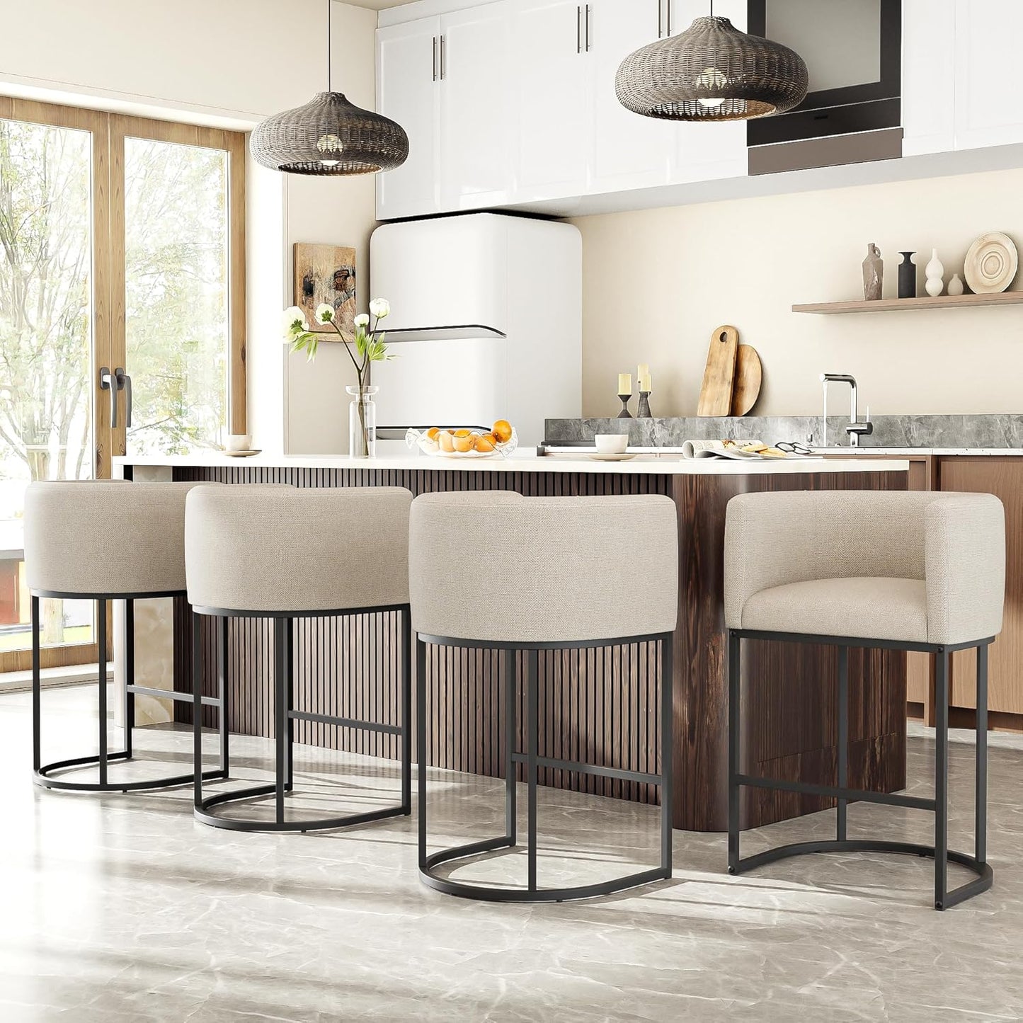 26" H Counter Height Bar Stools Set of 3, Modern Barrel Counter Stools with Backrest and Arms, Faux Leather Upholstered Accent Barstools for Kitchen Island,Support 450 LBS（Walnut Brown）