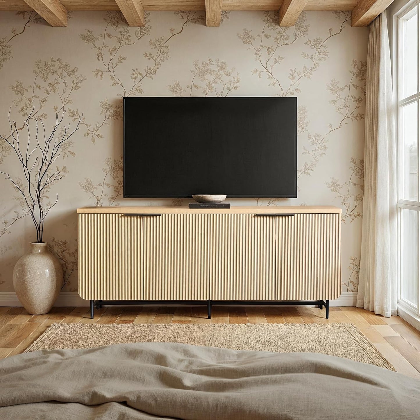 Walker Edison Reema Fluted 4-Door Kitchen Sideboard Buffet Console, 69 Inch, Coastal Oak